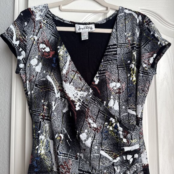 Joseph Ribkoff Newspaper Splash Black White Short Sleeve Faux Wrap Dress Size 8 - Picture 4 of 7